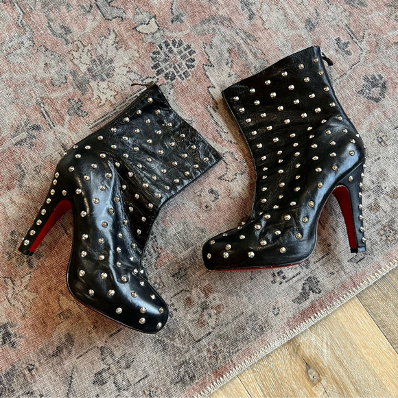 Christian Louboutin Black Studded Leather Ankle Boots with Red Soles - Picture 3 of 12